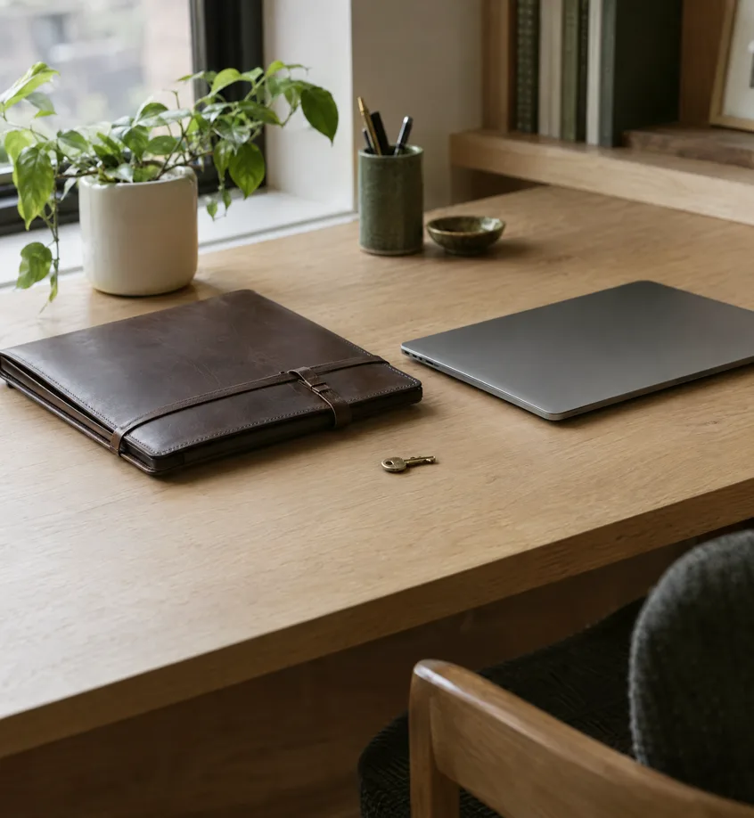A closed leather folio and a laptop on a tidy desk with a brass key, soft light