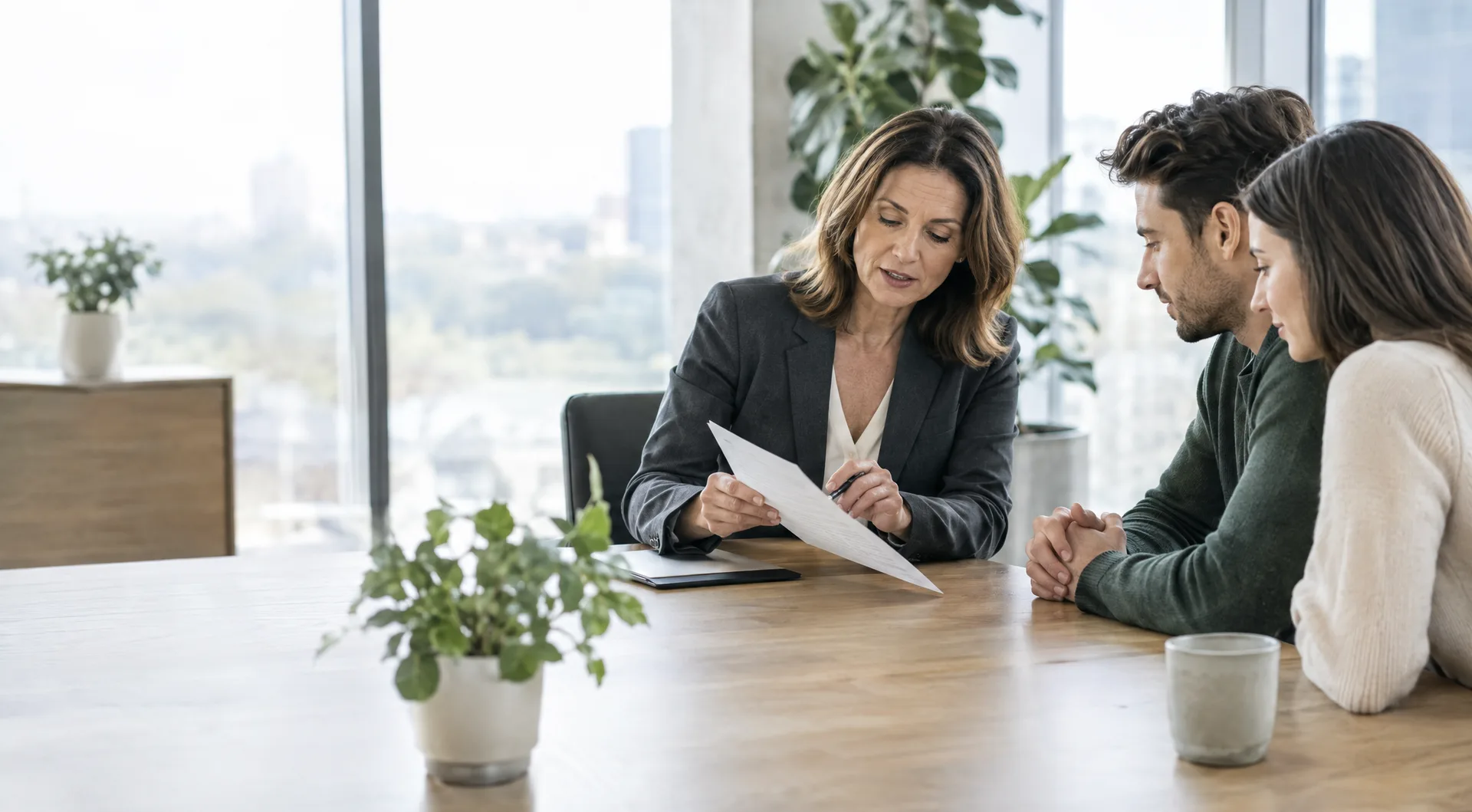 A lawyer in her forties in a charcoal blazer explaining a single sheet of paper to a young couple at a light-oak table in a bright modern office