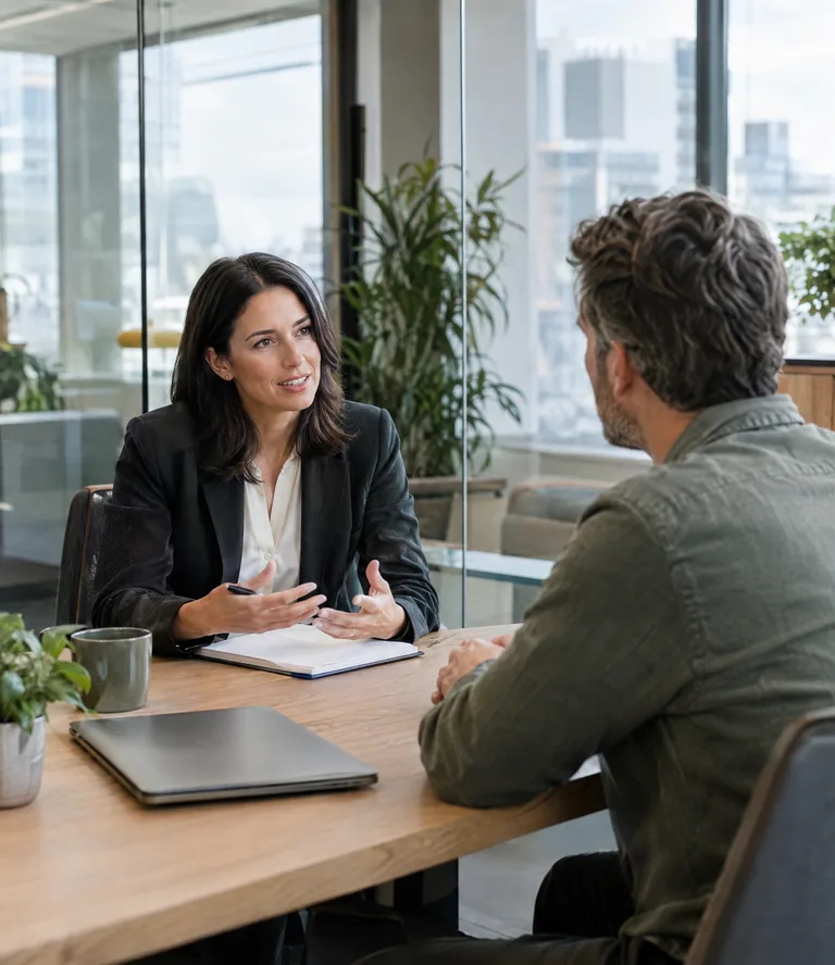 A lawyer advising a small business owner in a glass-walled office with plants
