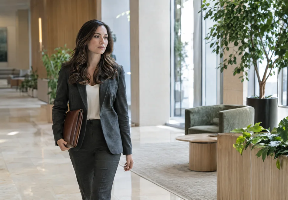 A lawyer walking through a quiet lobby with a leather folio