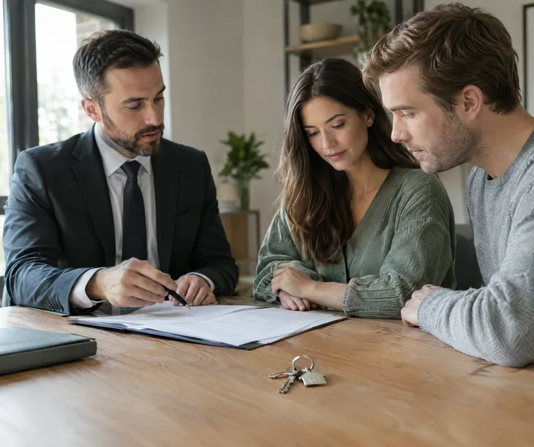 A lawyer reviewing paperwork with a couple, house keys on the table