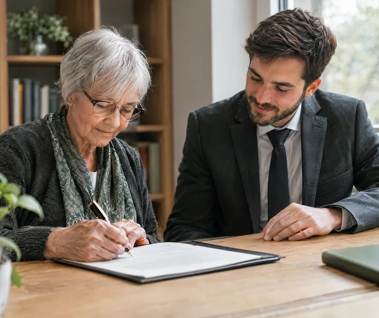 An elderly client signing with a fountain pen while a young lawyer guides them