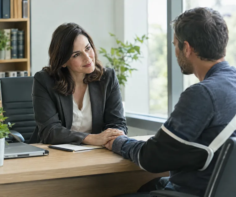 A lawyer reassuring a client whose arm is in a sling, across a desk