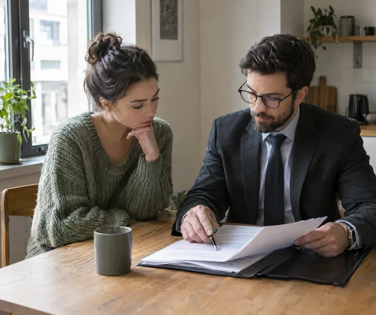 A lawyer going through a lease with a young tenant at a kitchen table