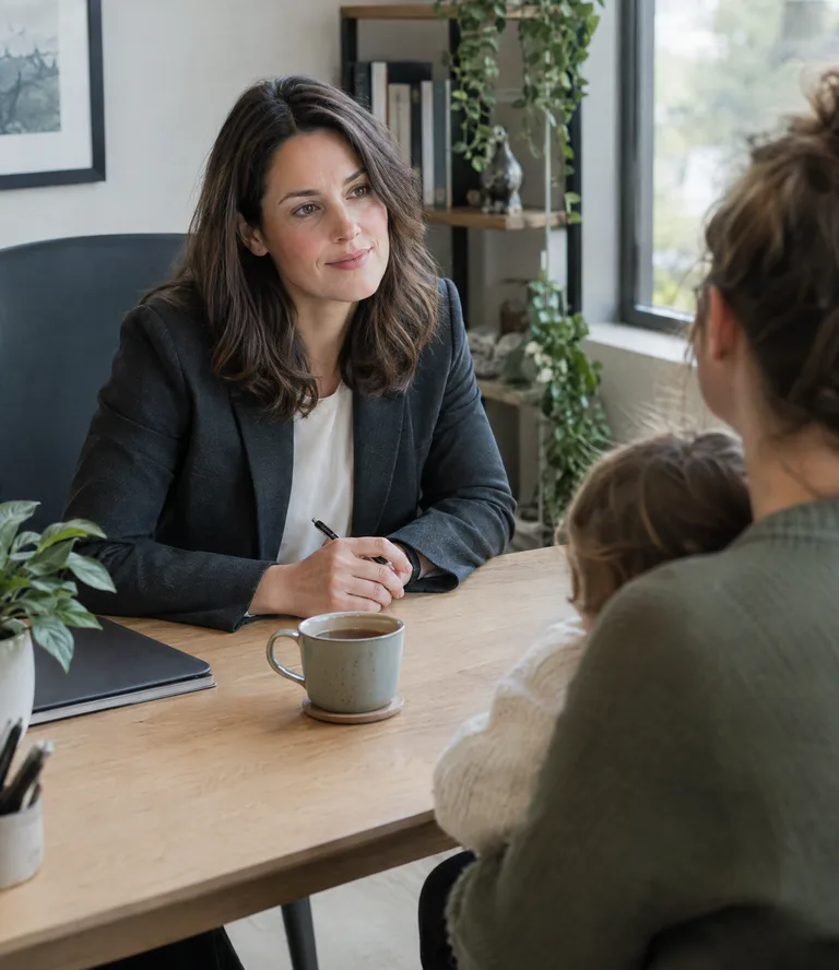 A woman lawyer listening to a young parent across a desk, cup of tea between them