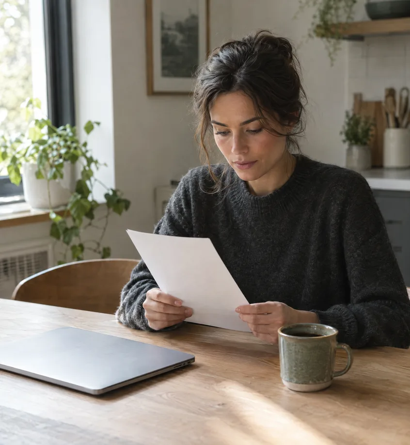 A client at a kitchen table reading a one-page fixed-fee quote, coffee beside a closed laptop
