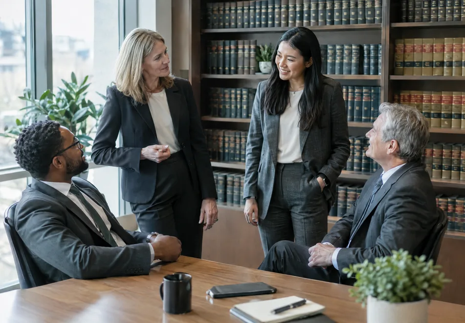 Four lawyers of varied ages talking informally in a boardroom with law books