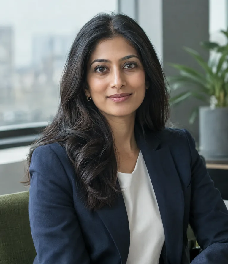 Anjali Mehra, a South Asian woman in her thirties in a navy blazer, office window behind