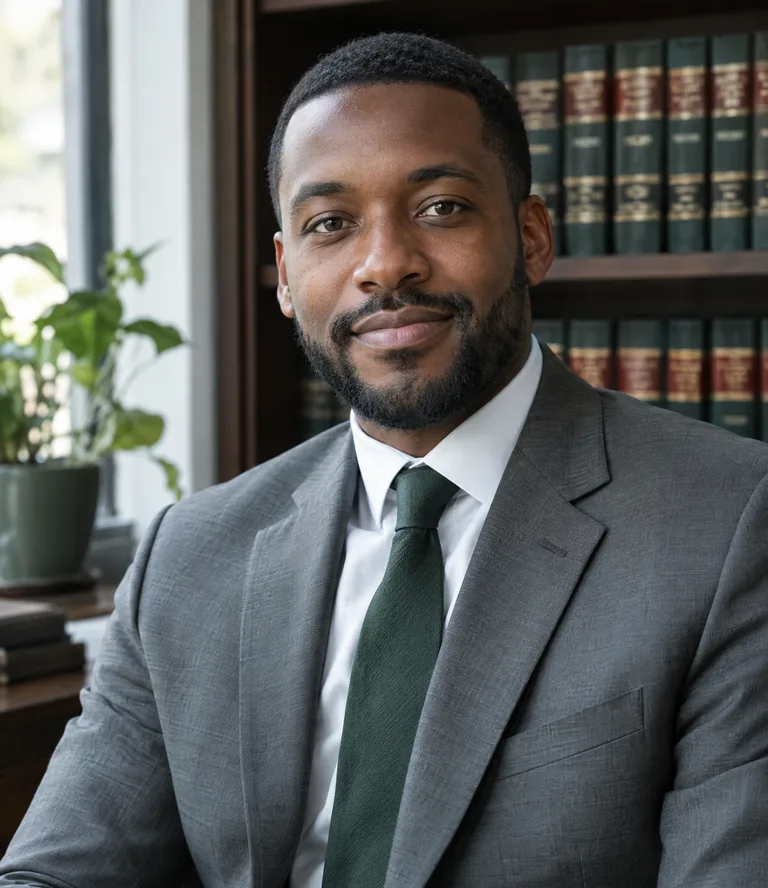 Marcus Oyelaran, a Black man in his thirties in a grey suit, bookshelf behind