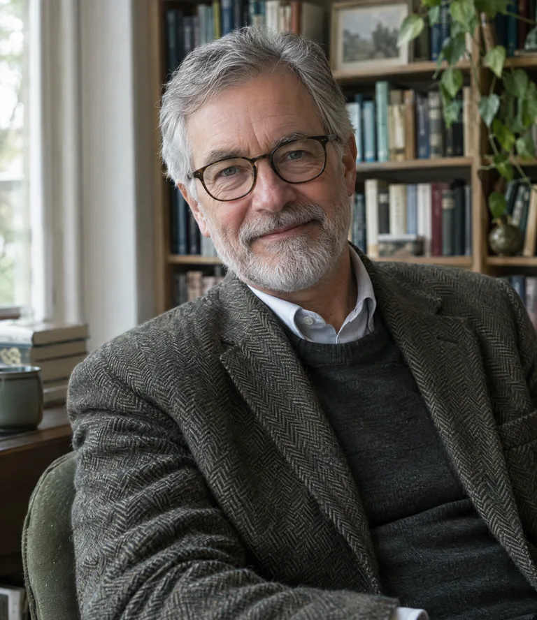 Edmund Hale, a man in his sixties with glasses in a tweed jacket, library behind