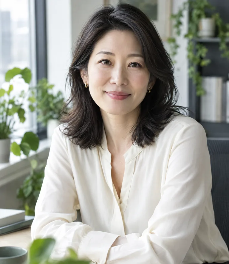Grace Liang, an East Asian woman in her forties in a cream blouse, bright office