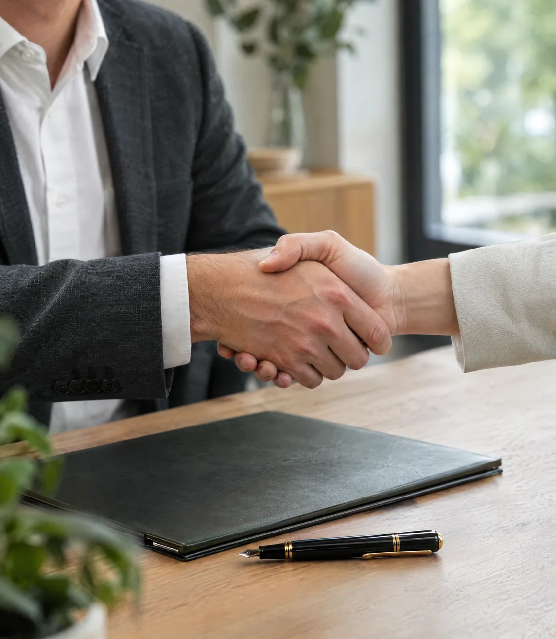 Close-up of a handshake over a folder and pen