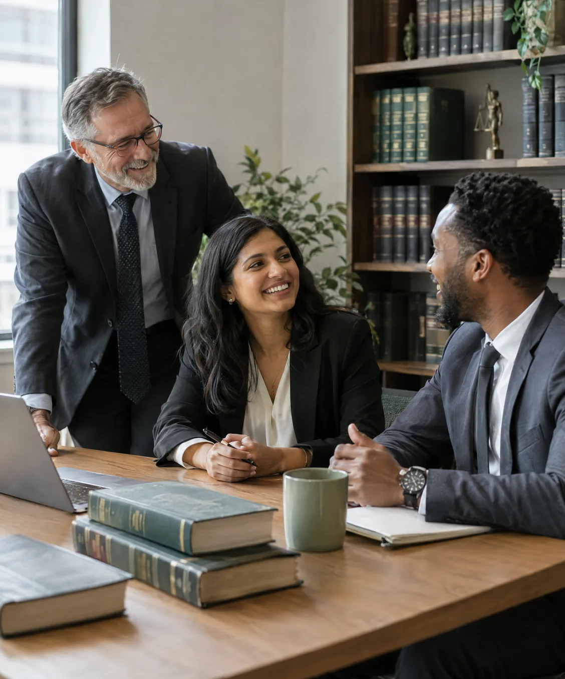 Three lawyers of mixed ages smiling around a meeting table with law books