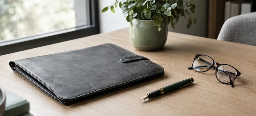 A leather folio, fountain pen and reading glasses on a light oak desk
