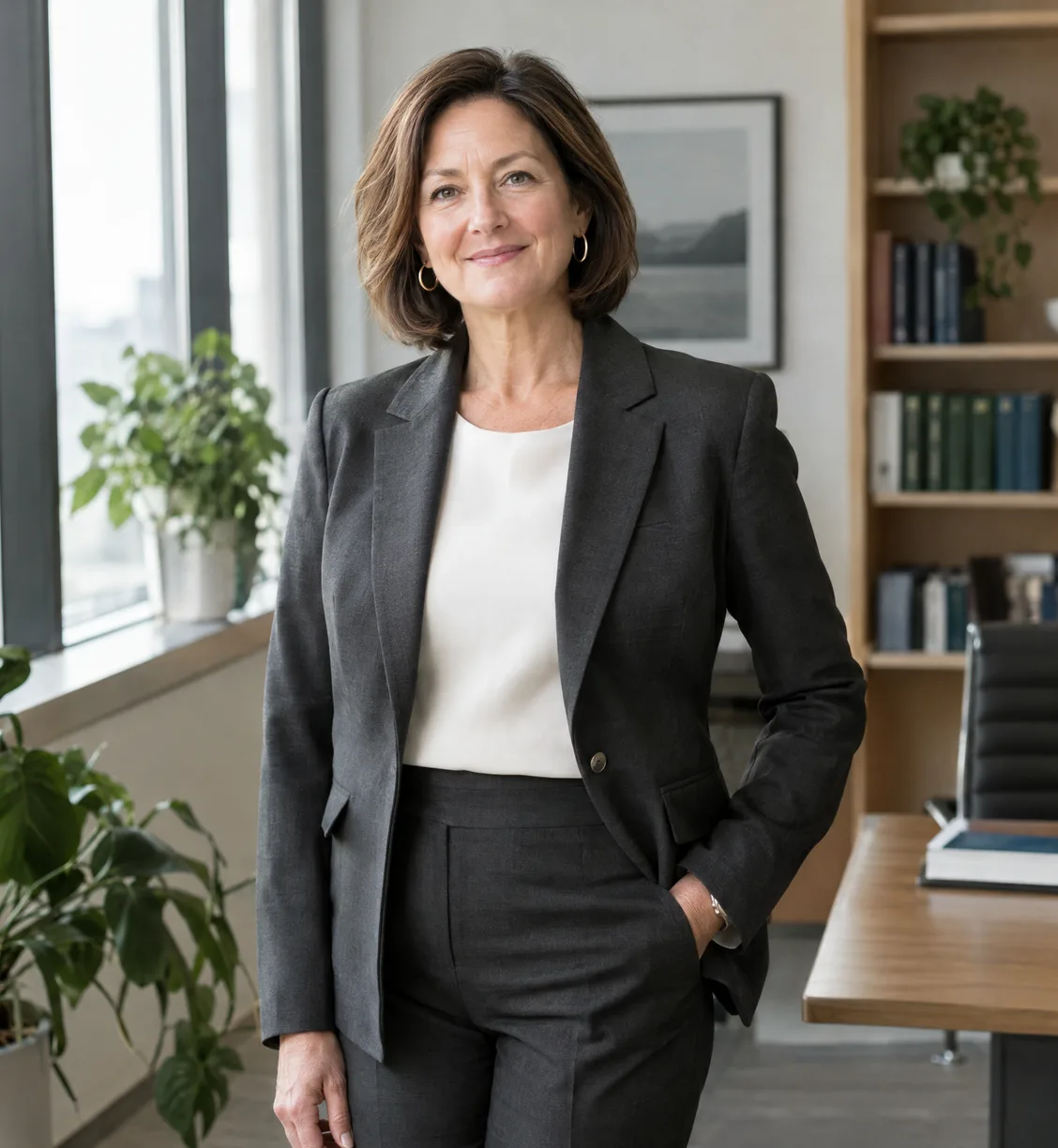 A lawyer standing in a modern office with plants, relaxed and confident