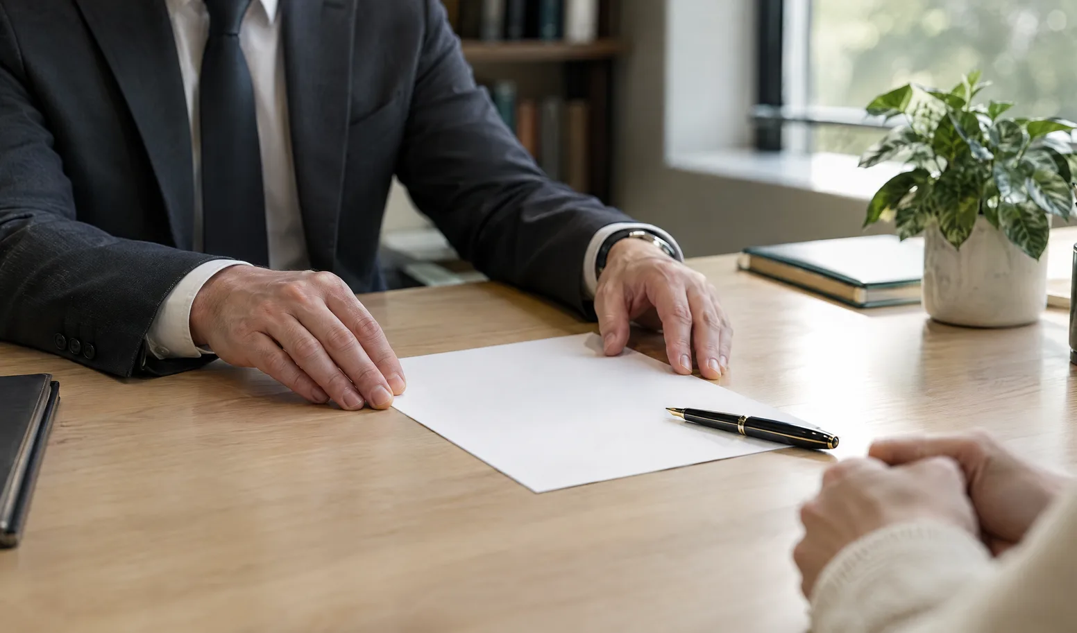 Step 2: hands sliding a one-page document and a pen across a desk to a client