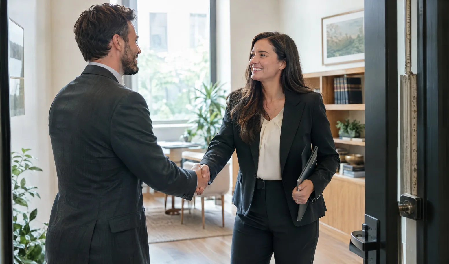 Step 3: a client and lawyer shaking hands in a bright office doorway