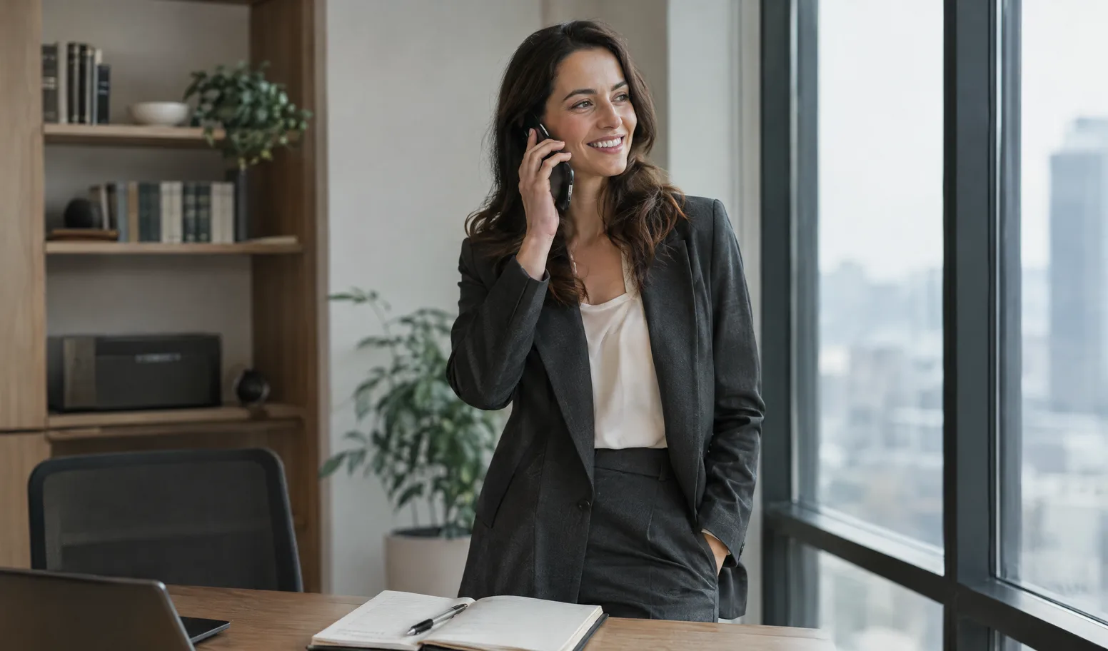 Step 1: a lawyer on the phone by a tall window, notepad open, smiling