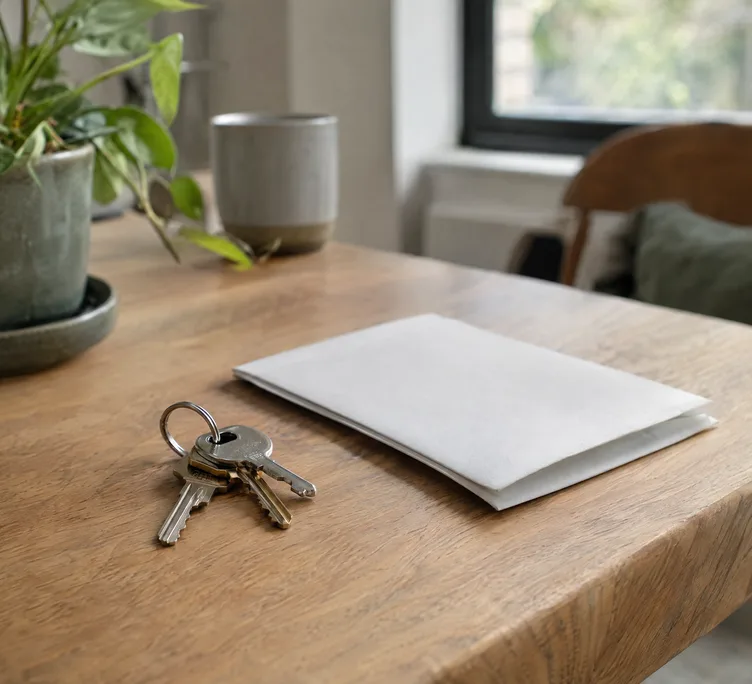 House keys on a table beside a folded contract