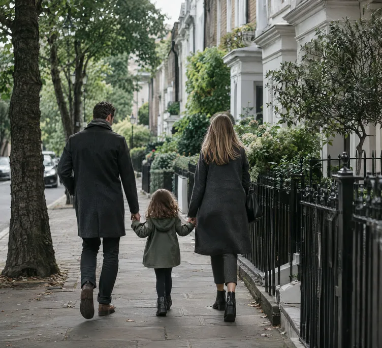 A family walking along a quiet tree-lined street