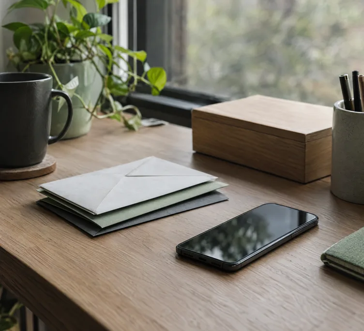 A stack of letters and a phone on a desk