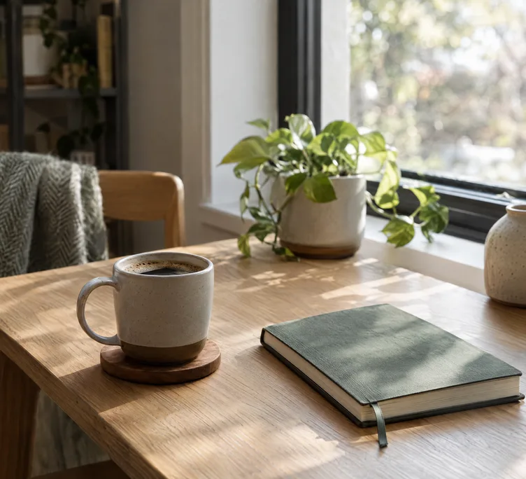 Coffee and a notebook by a window